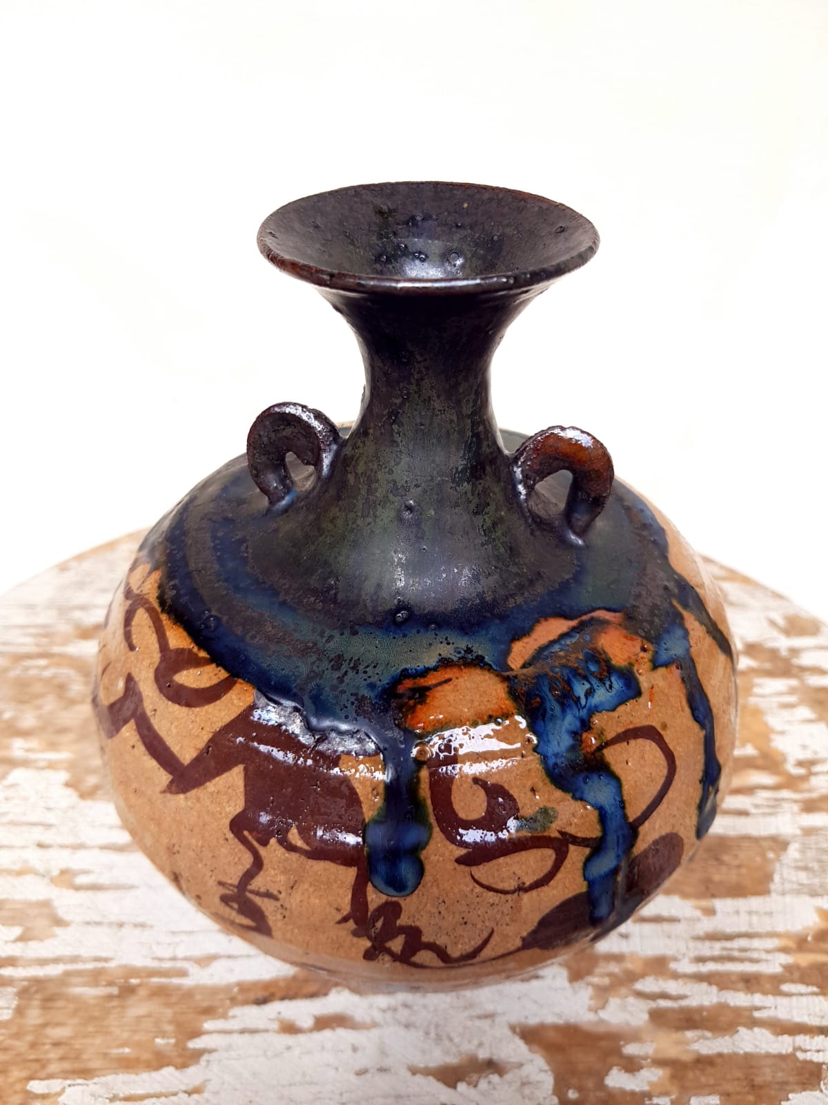 Vintage Japanese Mashiko Mingei Studio Pottery Vase, Cobalt Blue Drip Glaze, 20th Century