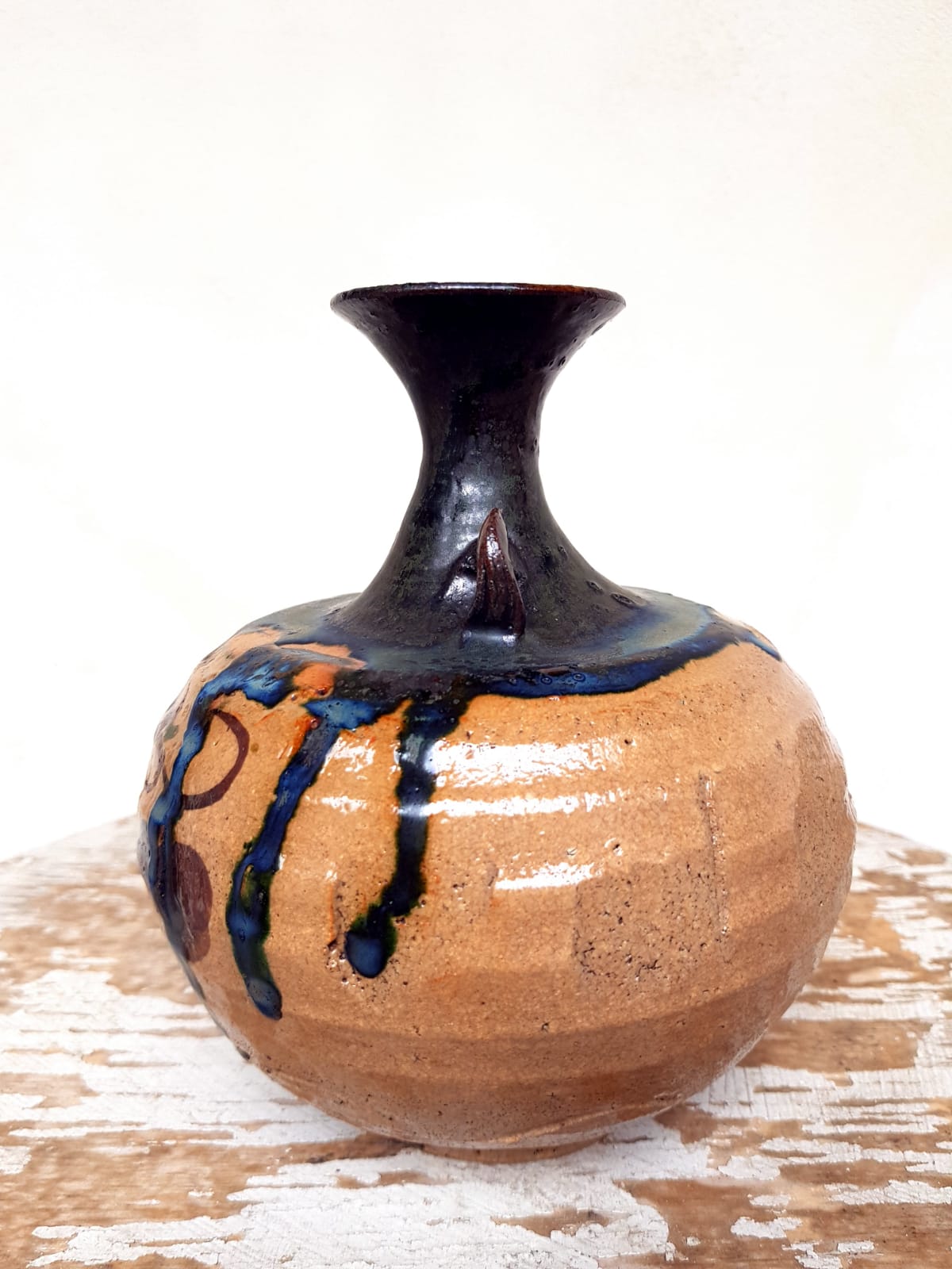 Vintage Japanese Mashiko Mingei Studio Pottery Vase, Cobalt Blue Drip Glaze, 20th Century