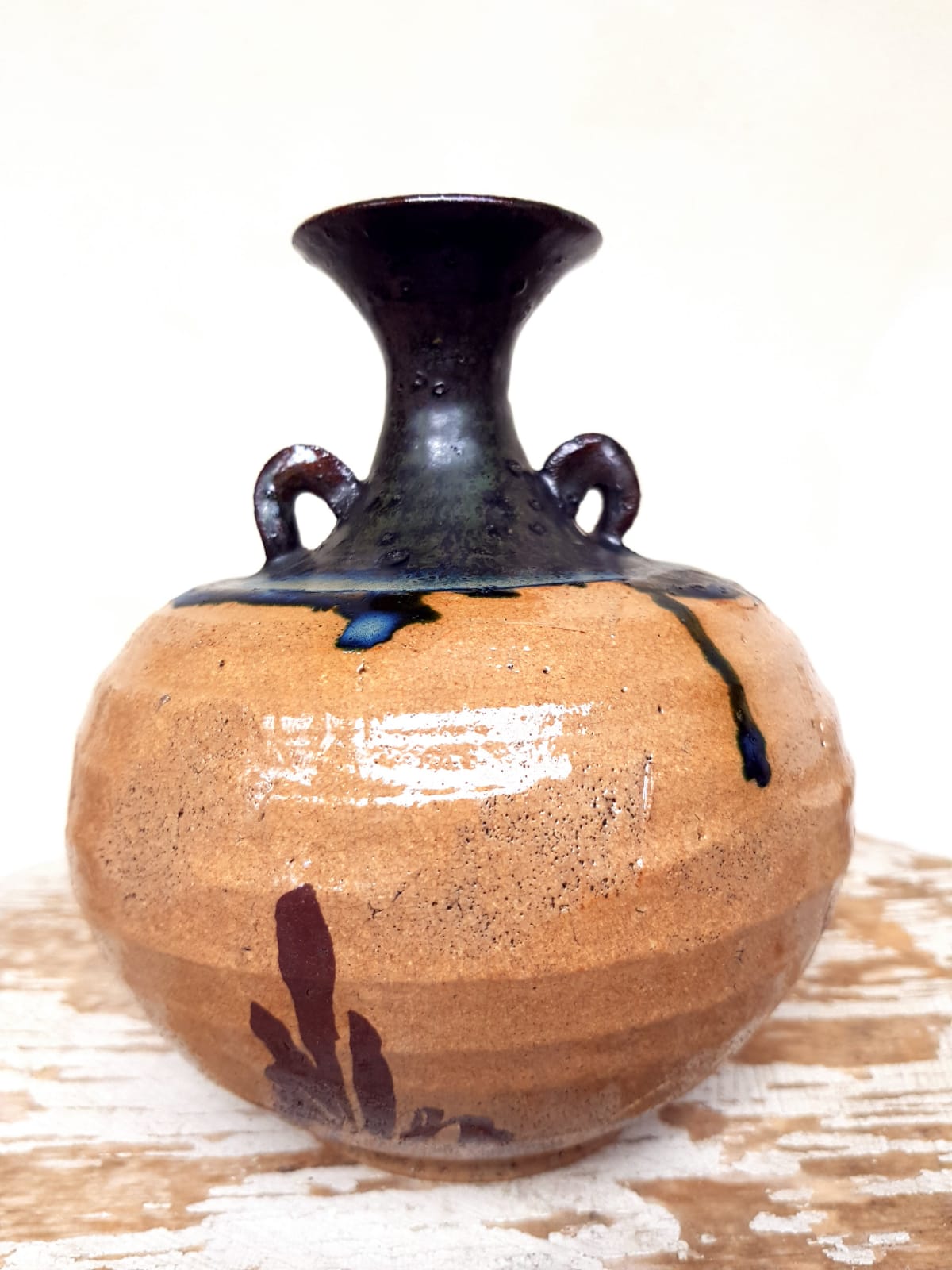 Vintage Japanese Mashiko Mingei Studio Pottery Vase, Cobalt Blue Drip Glaze, 20th Century