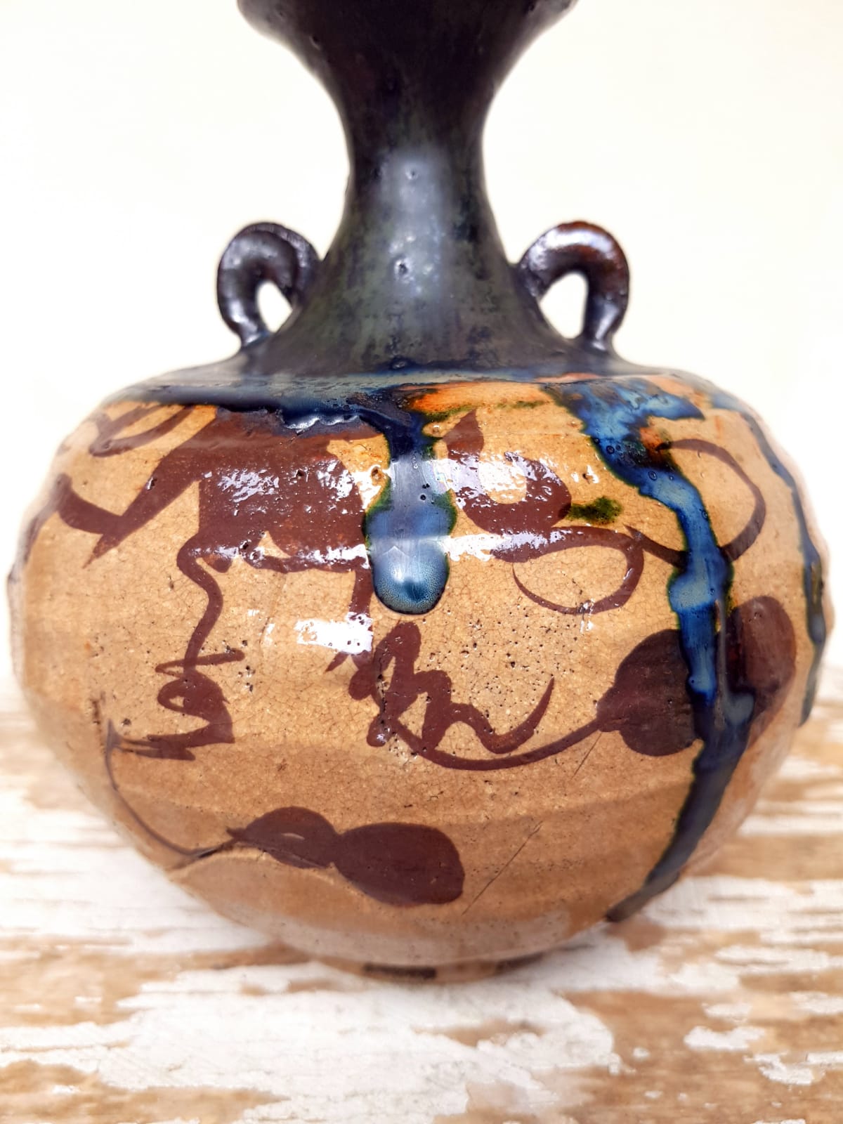Vintage Japanese Mashiko Mingei Studio Pottery Vase, Cobalt Blue Drip Glaze, 20th Century