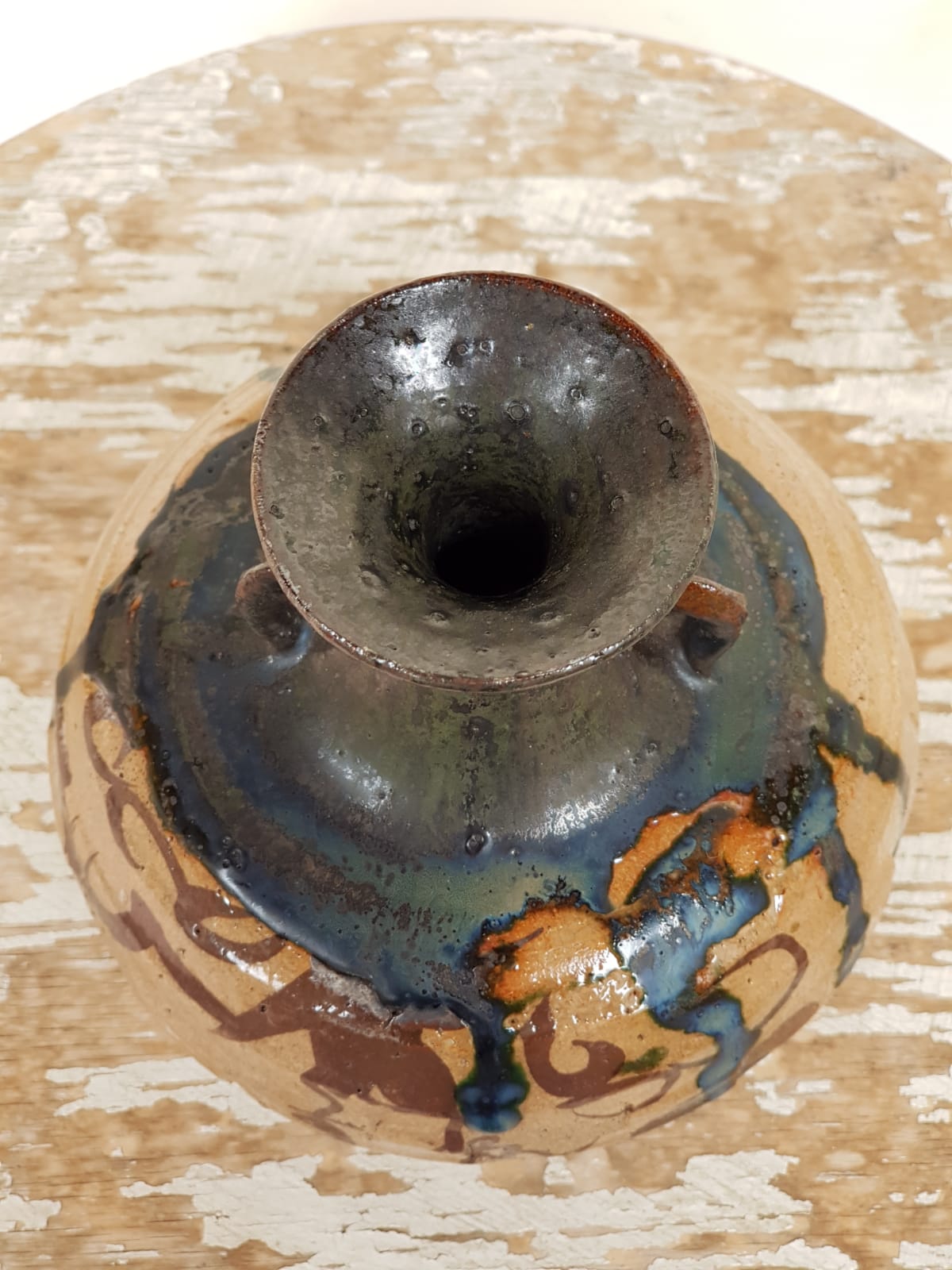 Vintage Japanese Mashiko Mingei Studio Pottery Vase, Cobalt Blue Drip Glaze, 20th Century