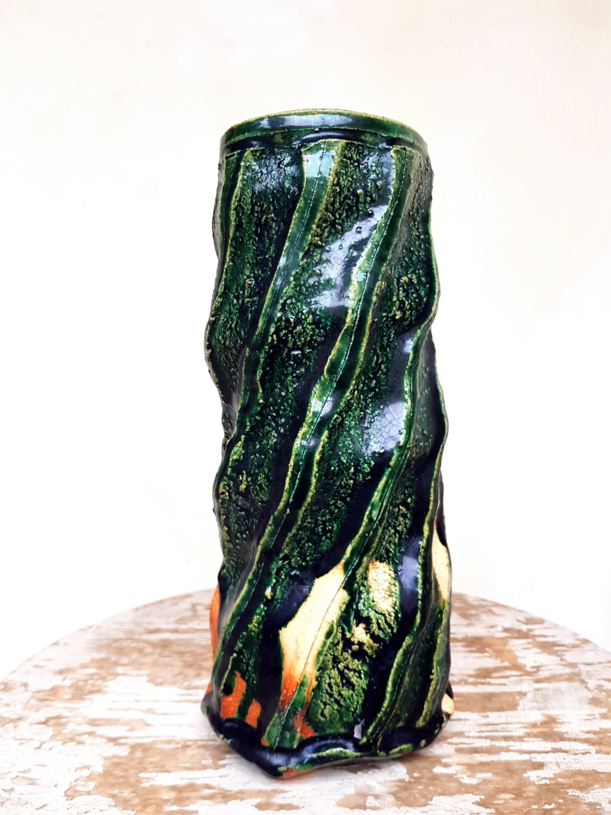 Exquisite Kato Keito Oribe-Ware "Mentori" Japanese Ceramic Vase