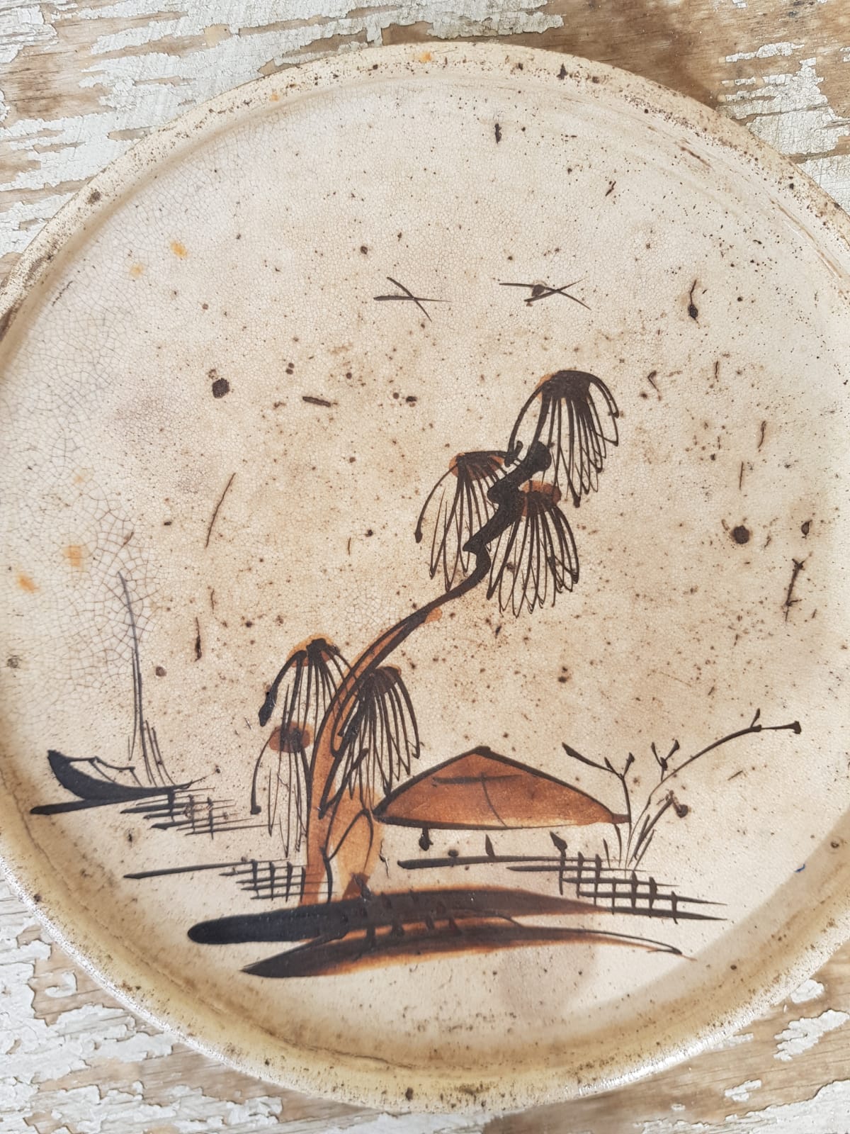 Antique Japanese Edo Period Seto Ware "Andon-zara" Landscape Oil Plate