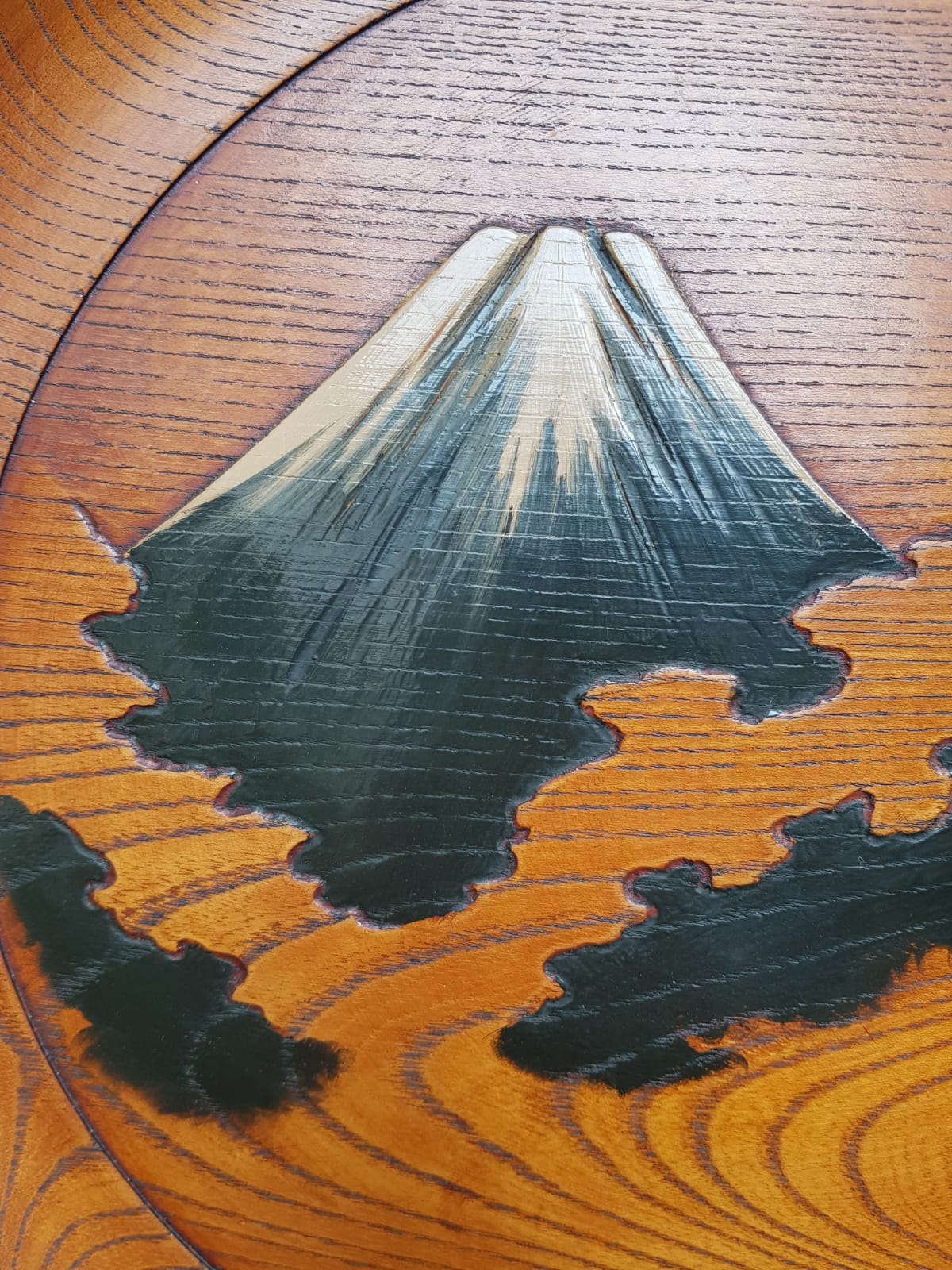 39cm Vintage Japanese Hand-Carved Zelkova Wood Tray – Mt. Fuji Motif, 20th Century