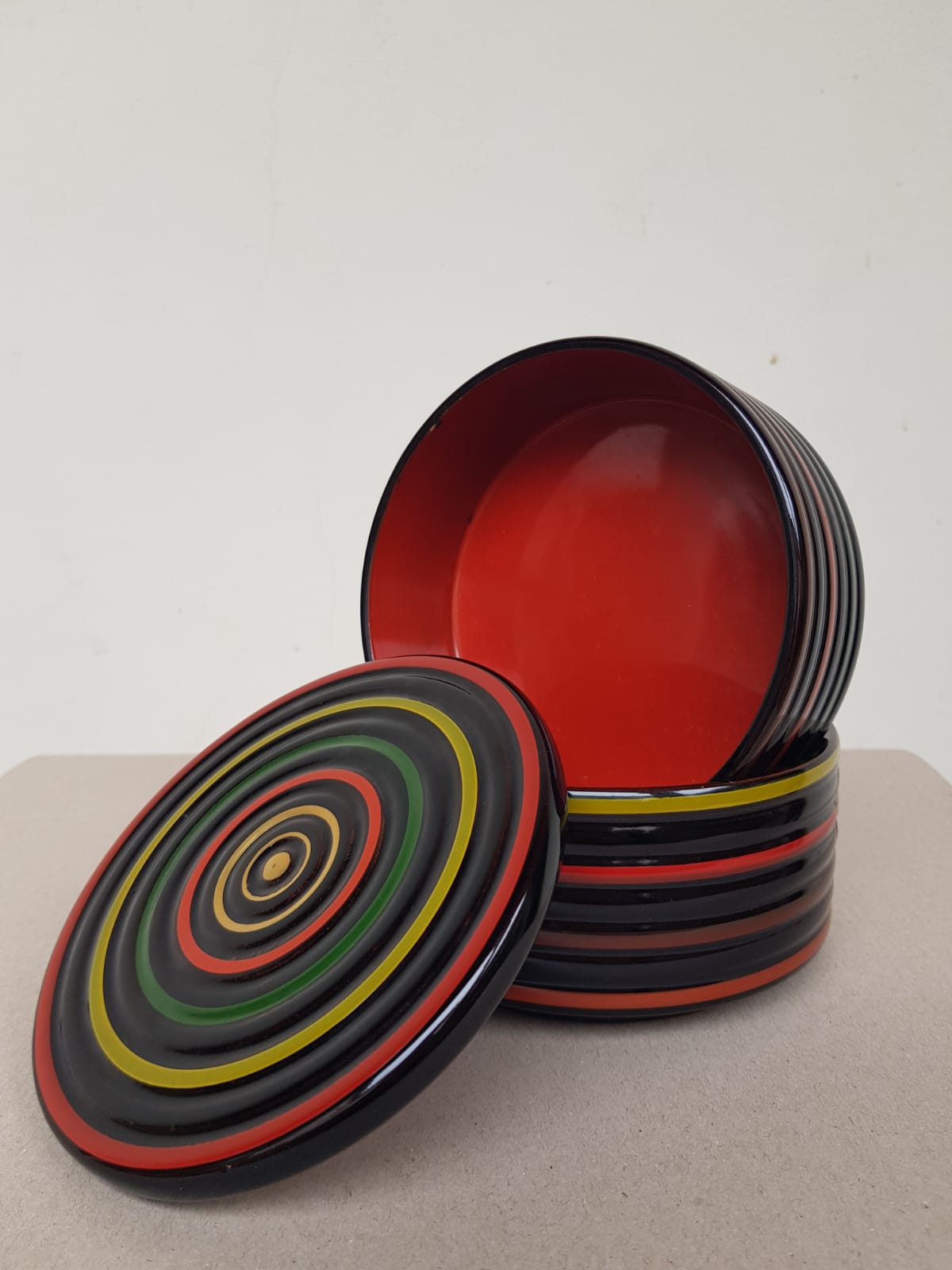 Antique Japanese Koma-nuri Lacquer Box – Traditional Spinning Top Motif , Signed Artis Studio Piece – Early 20th Century