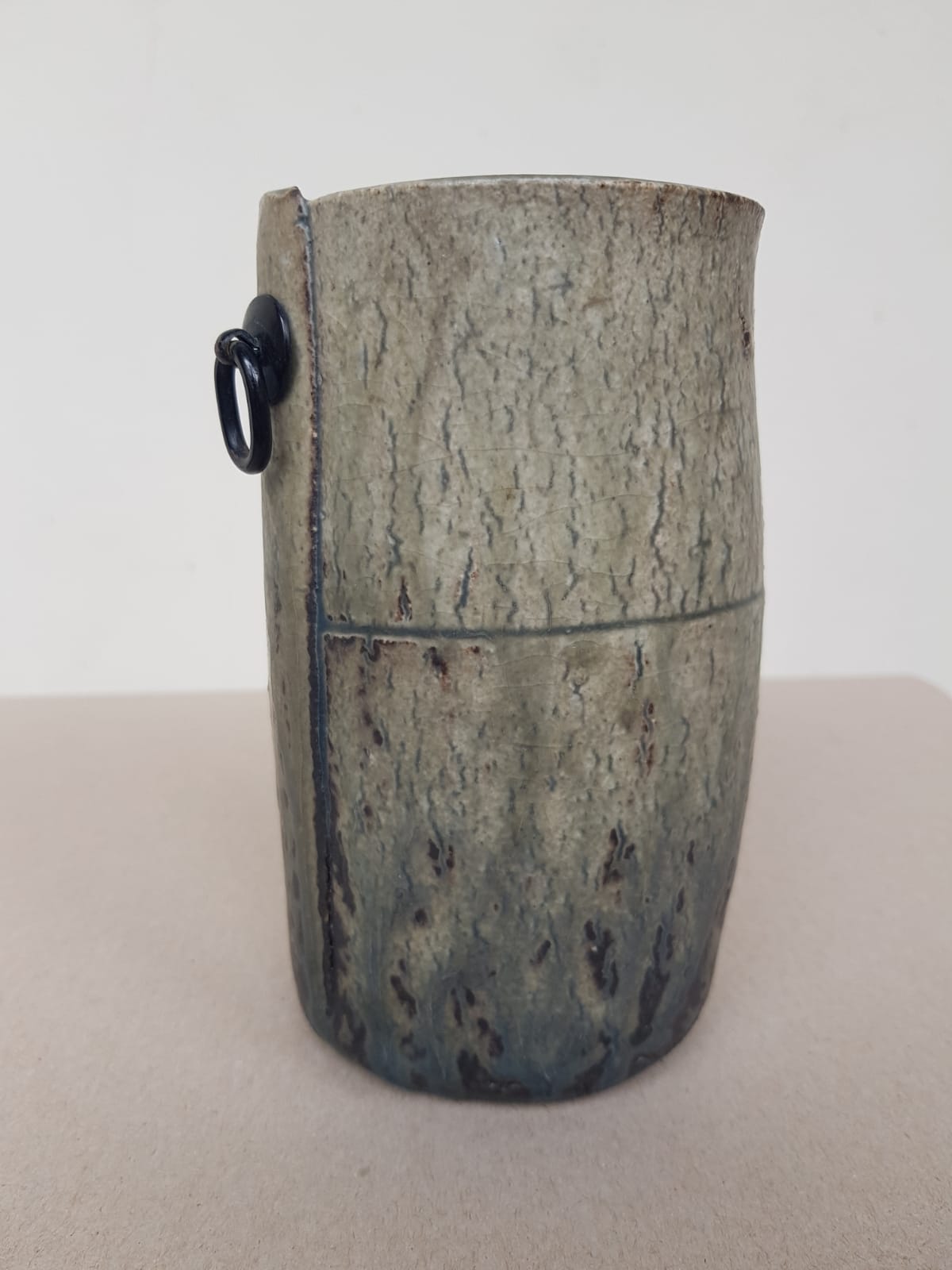 Vintage Japanese Iga-yaki Ceramic Flower Vase (Hanaire) - Signed Gento with Tomobako Box, late Showa Era