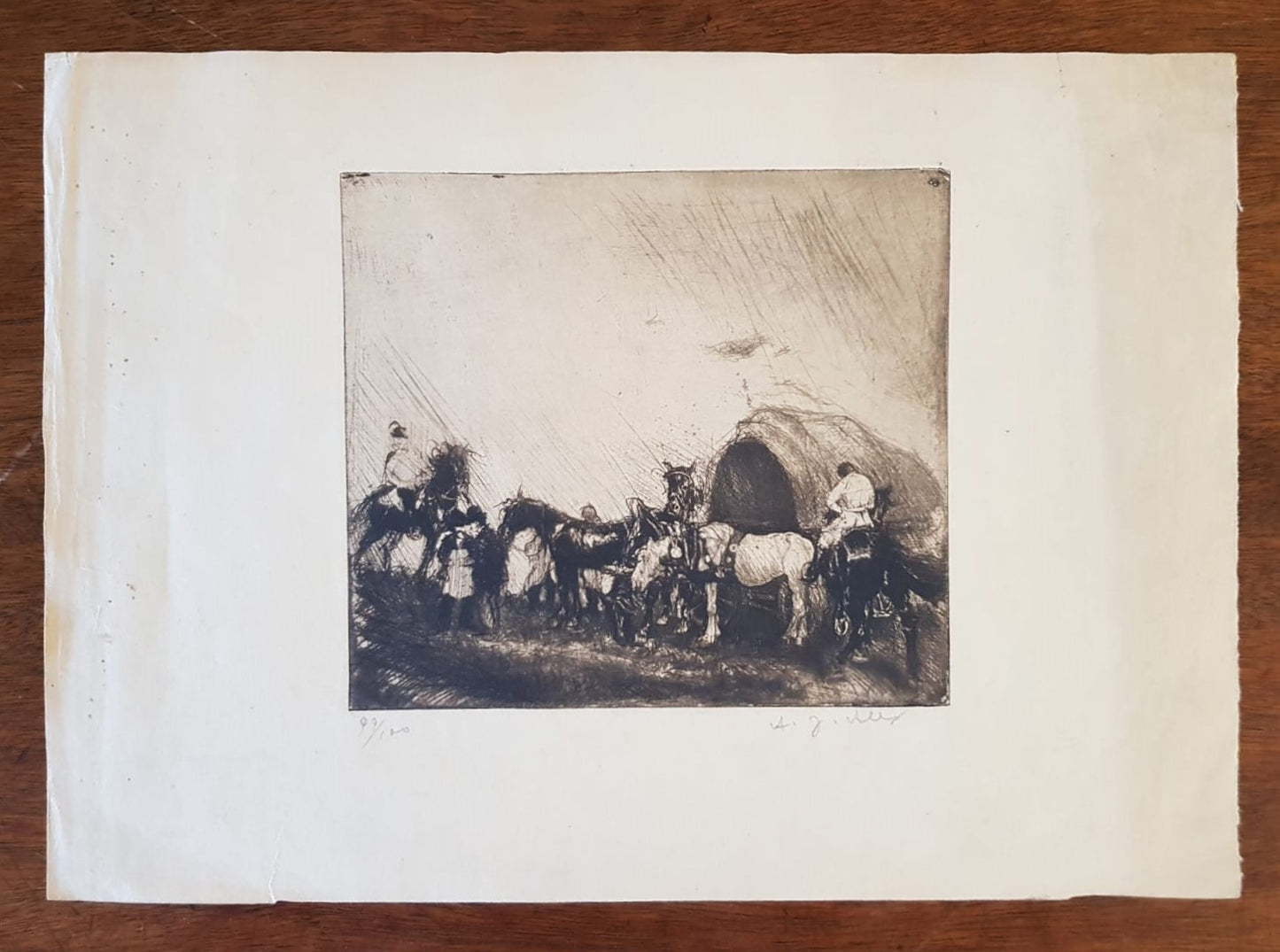 "Horses in the Rain" – Original Drypoint Etching by Adolf "Alex" Jlínek, Czechoslovakia, 1920s