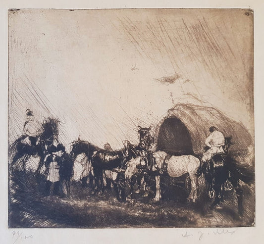 "Horses in the Rain" – Original Drypoint Etching by Adolf "Alex" Jlínek, Czechoslovakia, 1920s