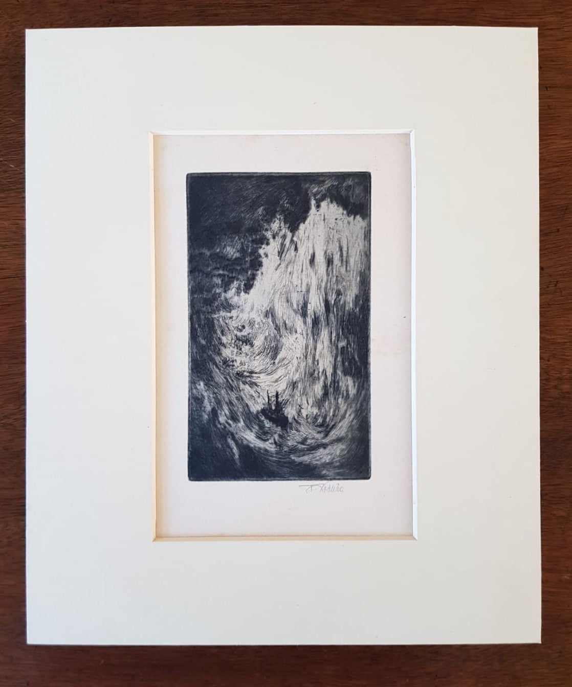 "Ship in the Abyss" by František Kobliha – Original Symbolist, Graphic, Czechoslovakia 1910/1920