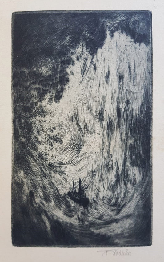 "Ship in the Abyss" by František Kobliha – Original Symbolist, Graphic, Czechoslovakia 1910/1920