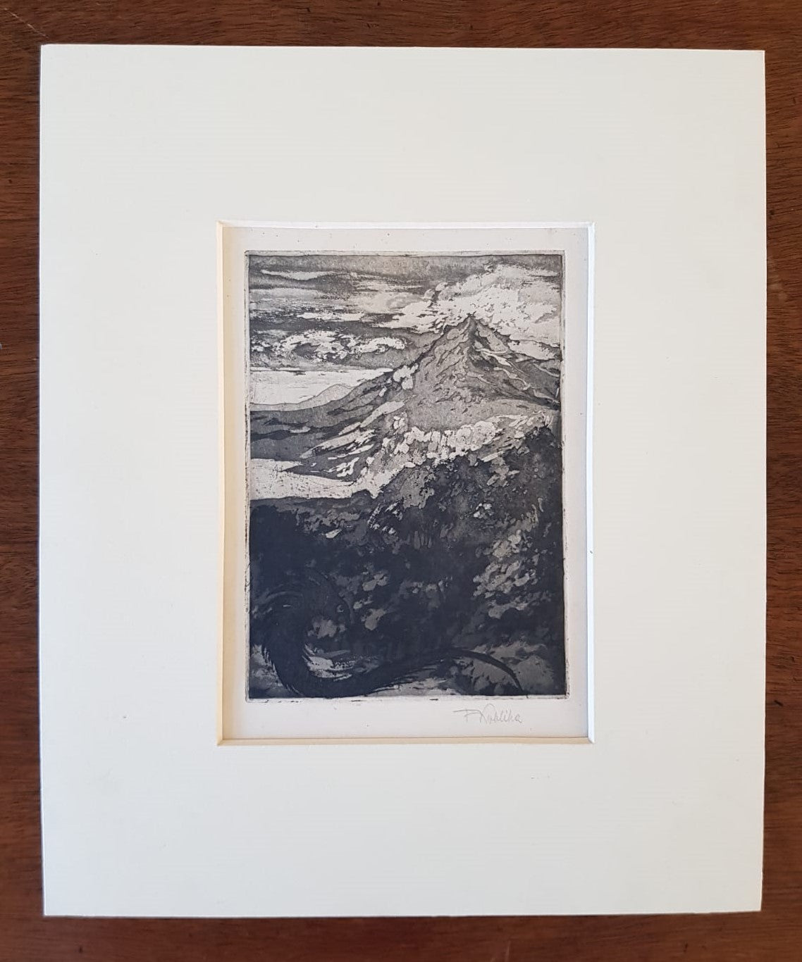 František Kobliha – "Dragon in the Mountains" – Original Signed Aquatint, Czechoslovakia, 1930s