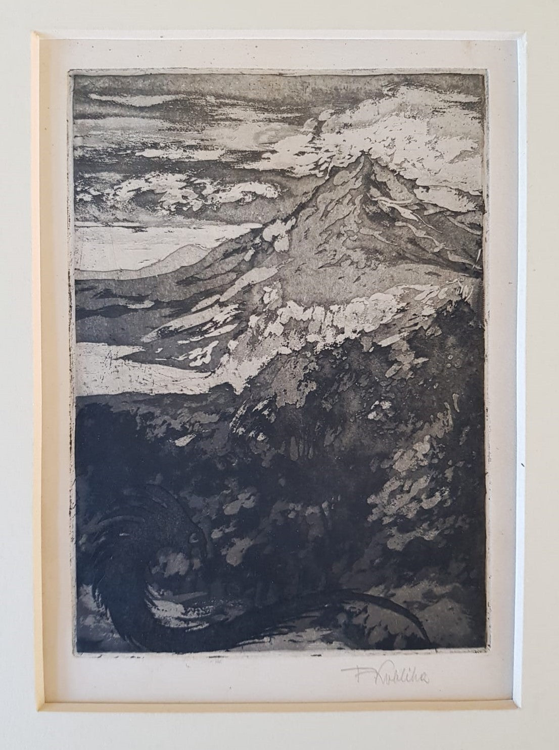František Kobliha – "Dragon in the Mountains" – Original Signed Aquatint, Czechoslovakia, 1930s