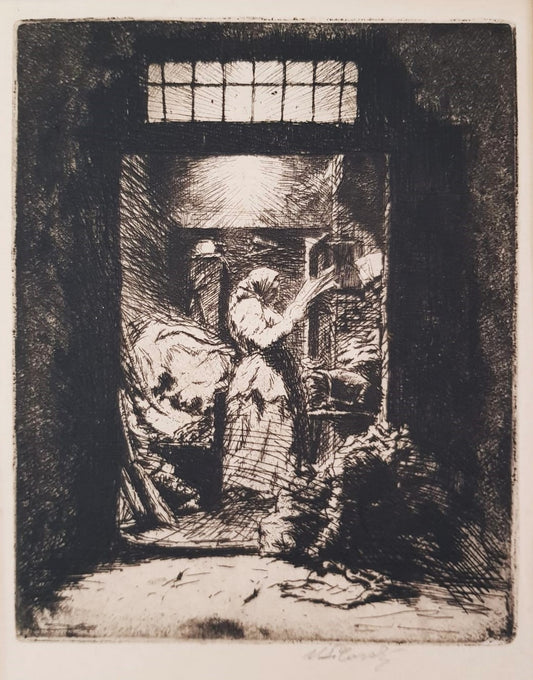 The Charcoal Shop by Vladimír Silovský – Signed 1920s Czech Drypoint Etching