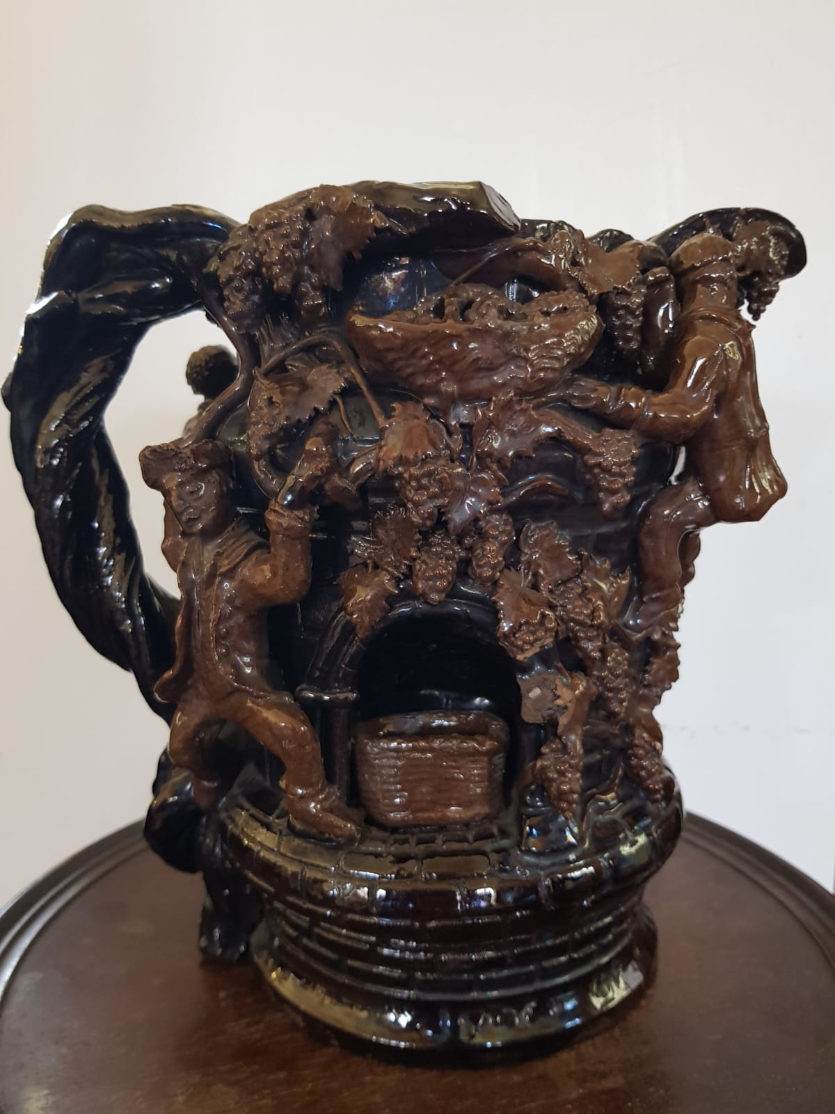 "Grape Picker" Ceramic Jug, Edward Bingham For Hedingham Castle Pottery, England, late 19th Century