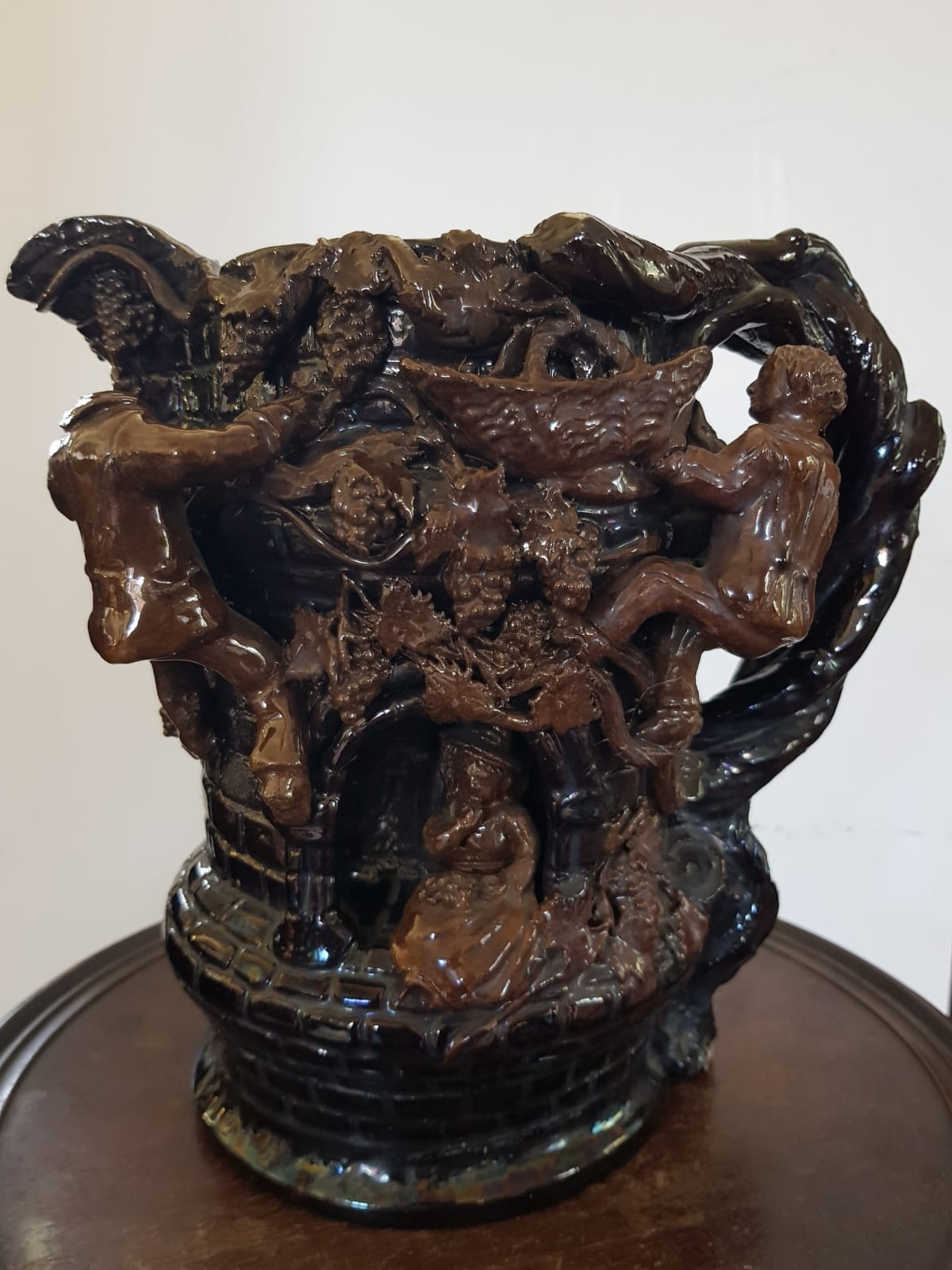 "Grape Picker" Ceramic Jug, Edward Bingham For Hedingham Castle Pottery, England, late 19th Century