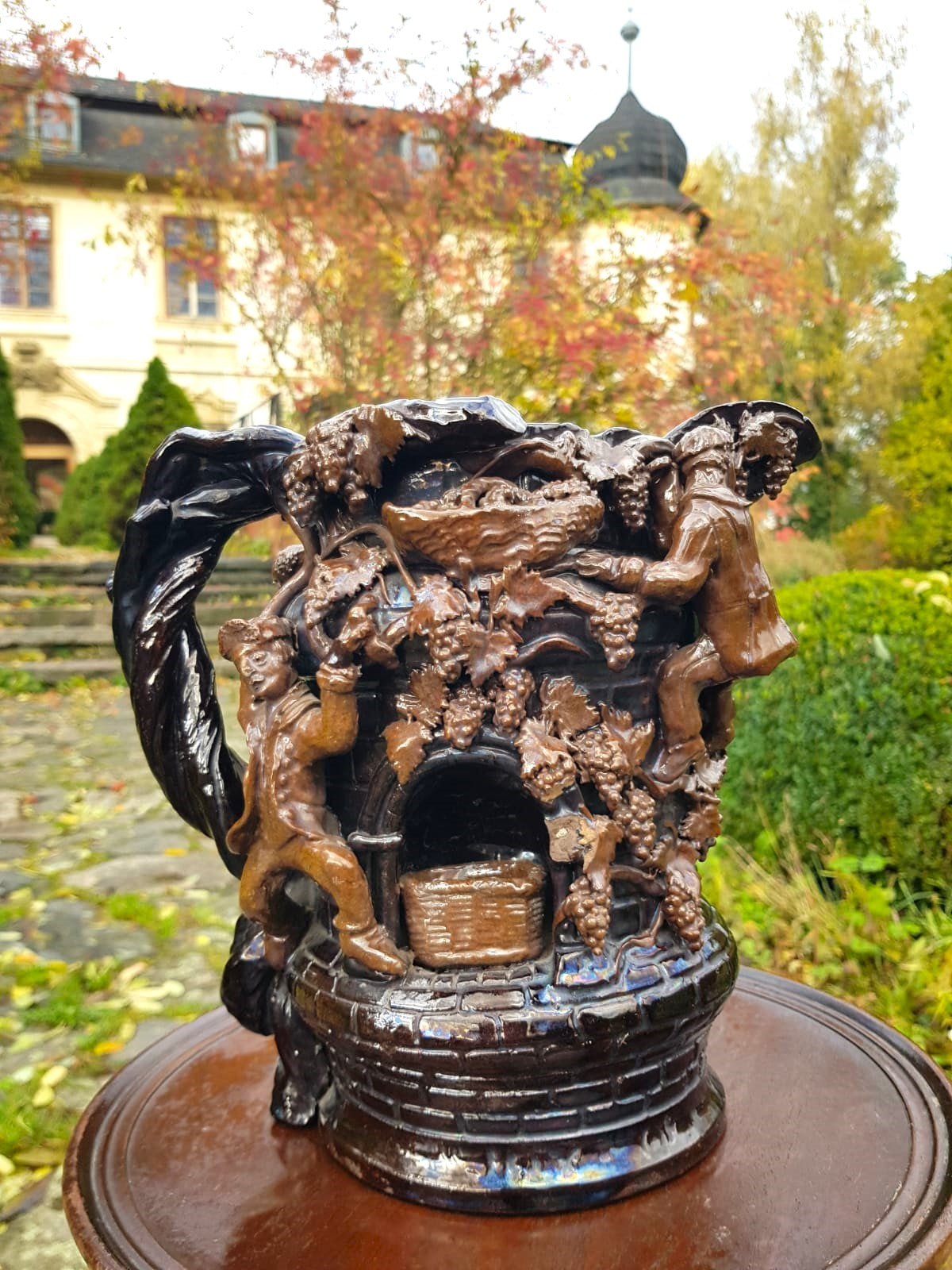 "Grape Picker" Ceramic Jug, Edward Bingham For Hedingham Castle Pottery, England, late 19th Century