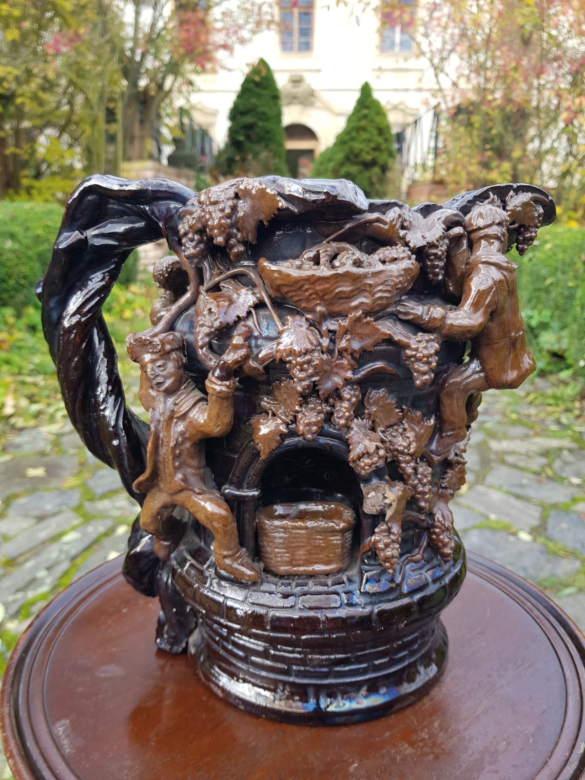 "Grape Picker" Ceramic Jug, Edward Bingham For Hedingham Castle Pottery, England, late 19th Century