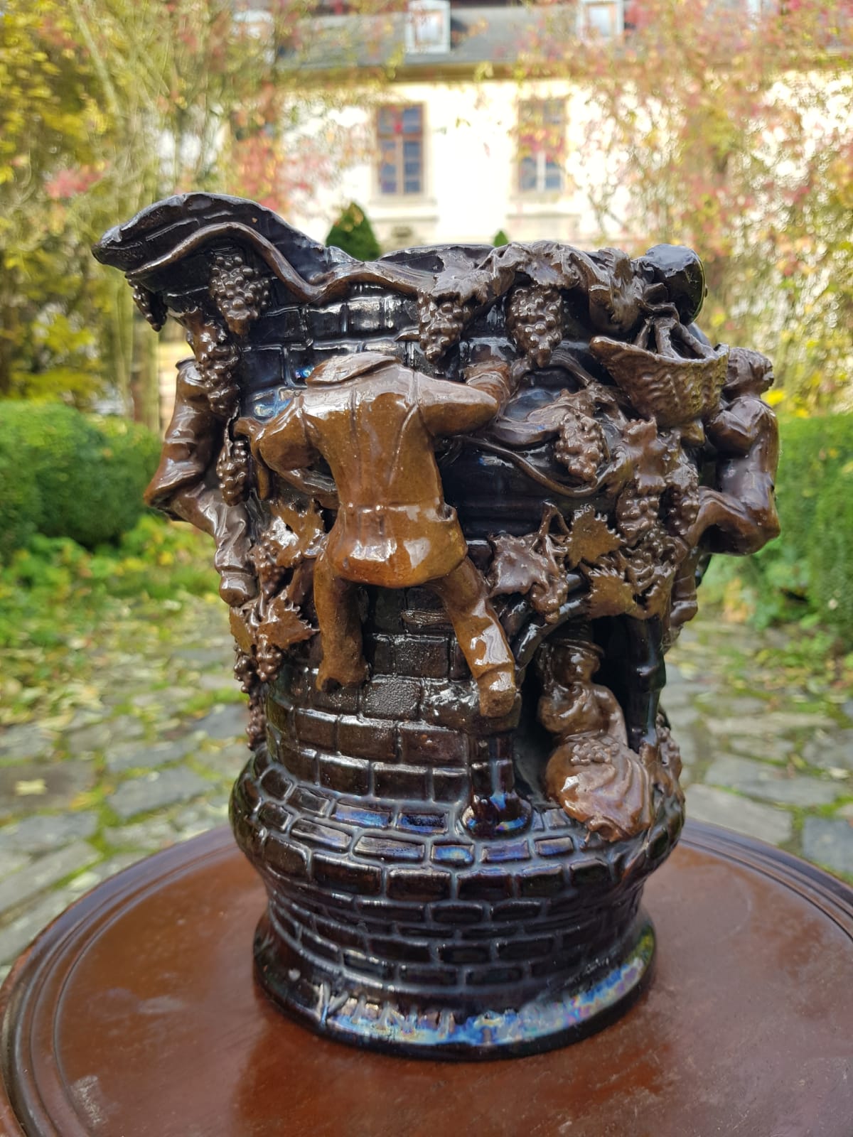 "Grape Picker" Ceramic Jug, Edward Bingham For Hedingham Castle Pottery, England, late 19th Century