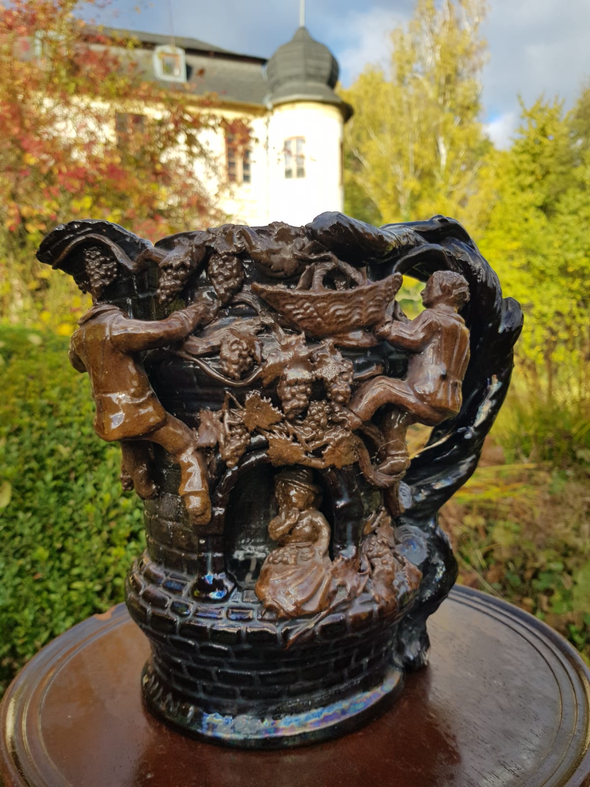 "Grape Picker" Ceramic Jug, Edward Bingham For Hedingham Castle Pottery, England, late 19th Century
