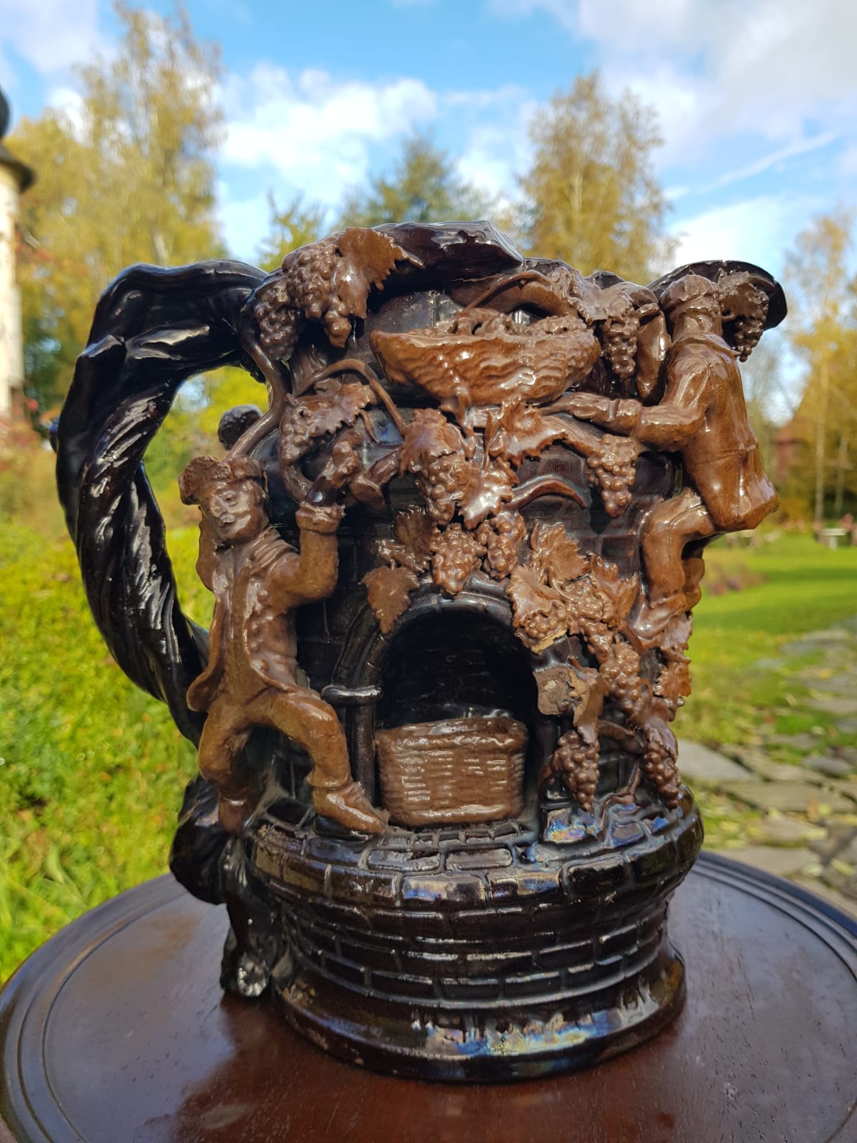 "Grape Picker" Ceramic Jug, Edward Bingham For Hedingham Castle Pottery, England, late 19th Century