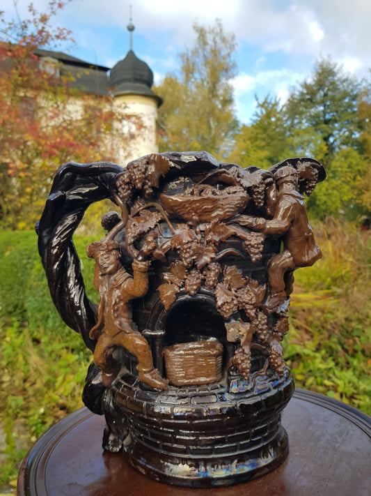 "Grape Picker" Ceramic Jug, Edward Bingham For Hedingham Castle Pottery, England, late 19th Century