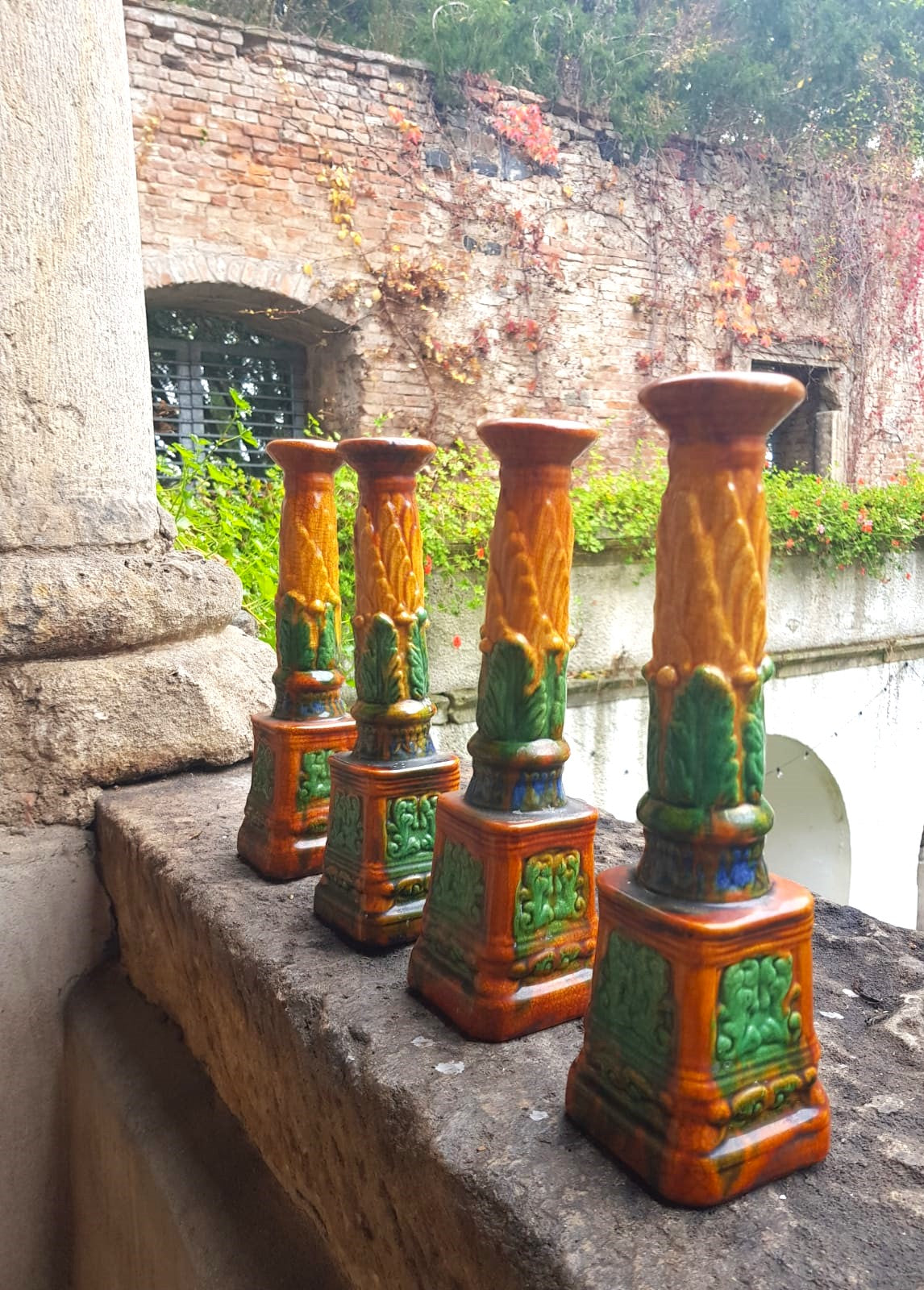 Set of 4 Antique Majolica Ornate Candlesticks, cca 1900