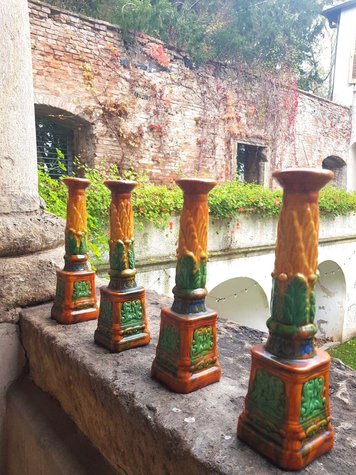 Set of 4 Antique Majolica Ornate Candlesticks, cca 1900