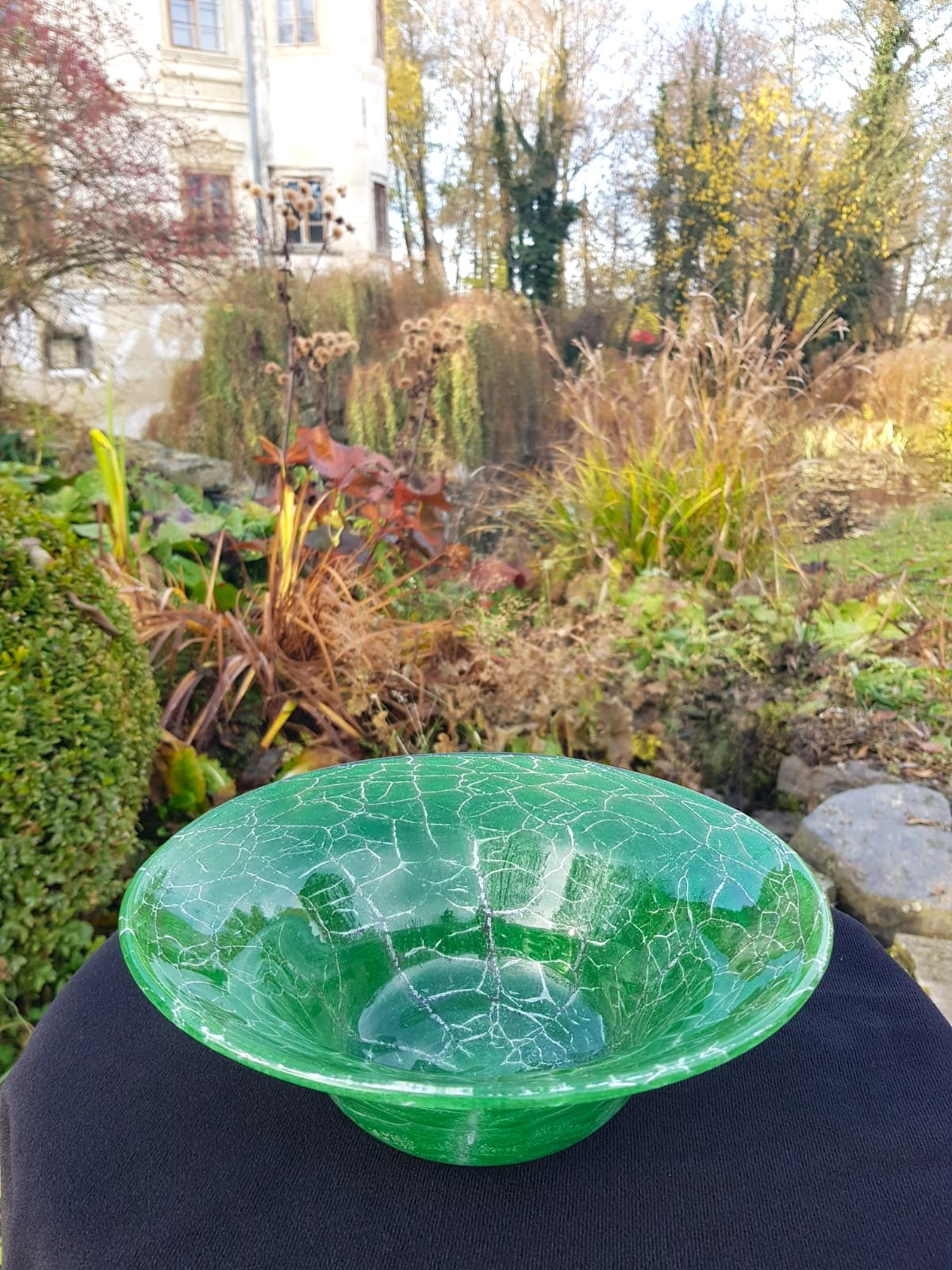 Art Deco WMF Ikora "Craquelé" Green Glass Bowl, Designed by Karl Wiedmann, Germany 1930s
