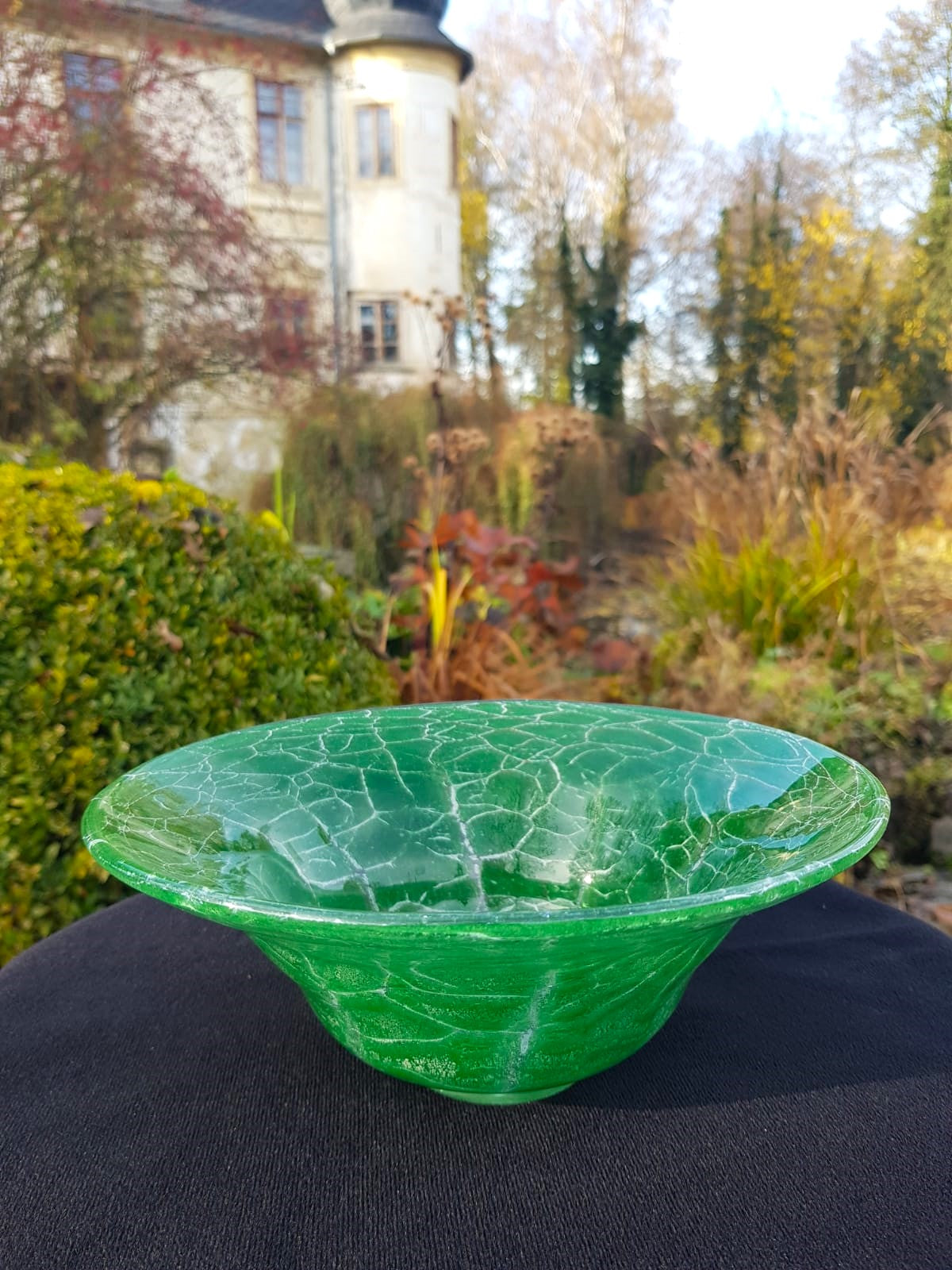 Art Deco WMF Ikora "Craquelé" Green Glass Bowl, Designed by Karl Wiedmann, Germany 1930s