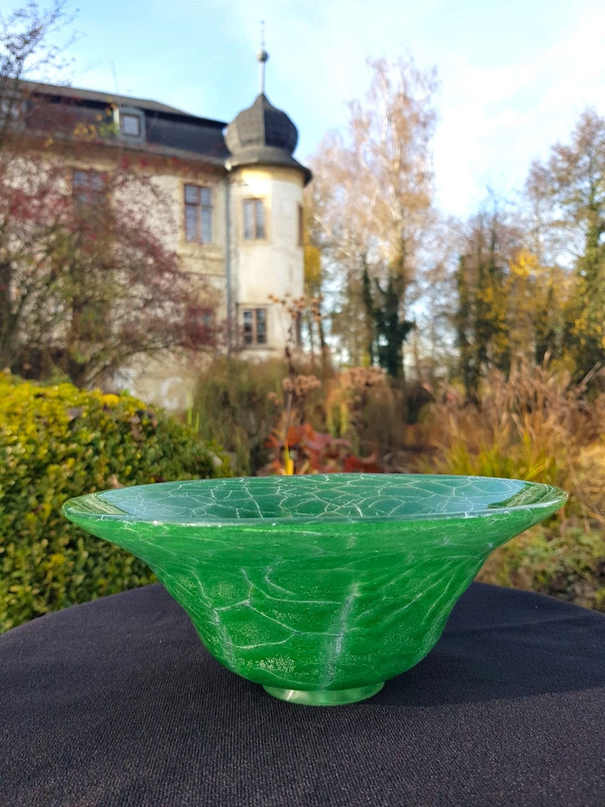 Art Deco WMF Ikora "Craquelé" Green Glass Bowl, Designed by Karl Wiedmann, Germany 1930s