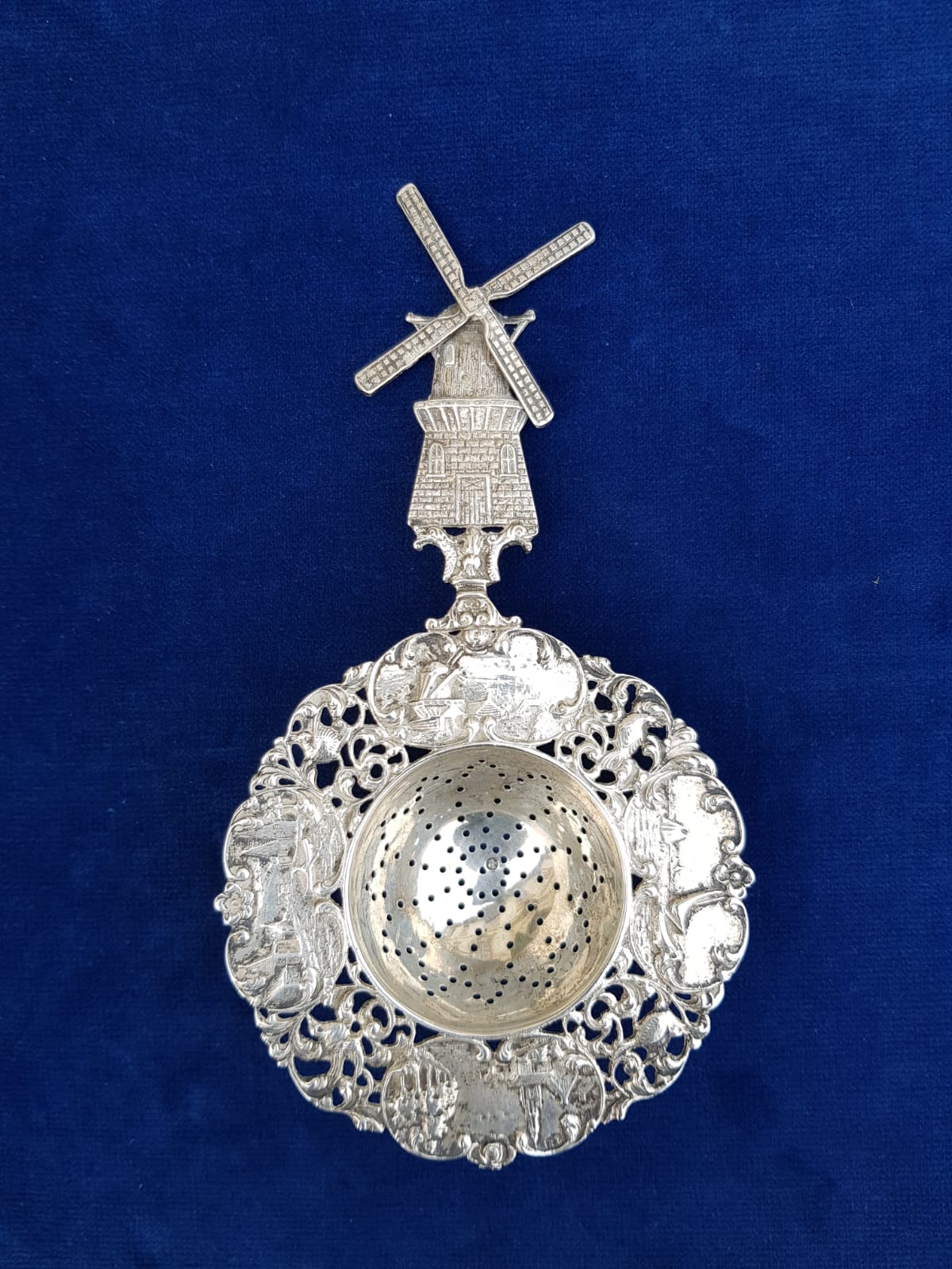 Antique Silver Tea Strainer, FUnctional Windmill, Holland, early to mid 20th Century