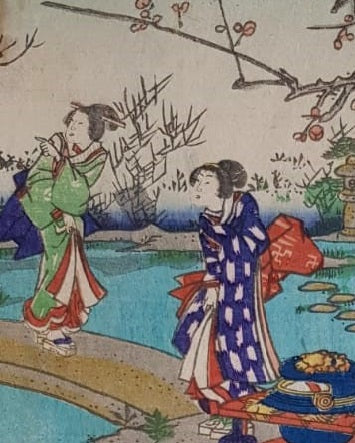 Toyohara Kunichika, Two Beauties in Spring Garden with a Pond, 1864, Edo Period