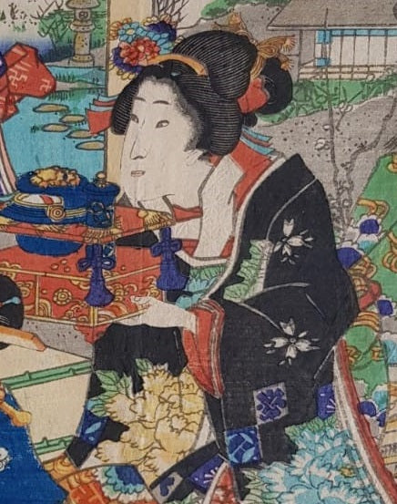 Toyohara Kunichika, Two Beauties in Spring Garden with a Pond, 1864, Edo Period