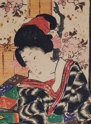 Utagawa Kunisada, Woodblock Print, "Two Seated Geisha, One Playing the Biwa" circa 1850, Edo Period