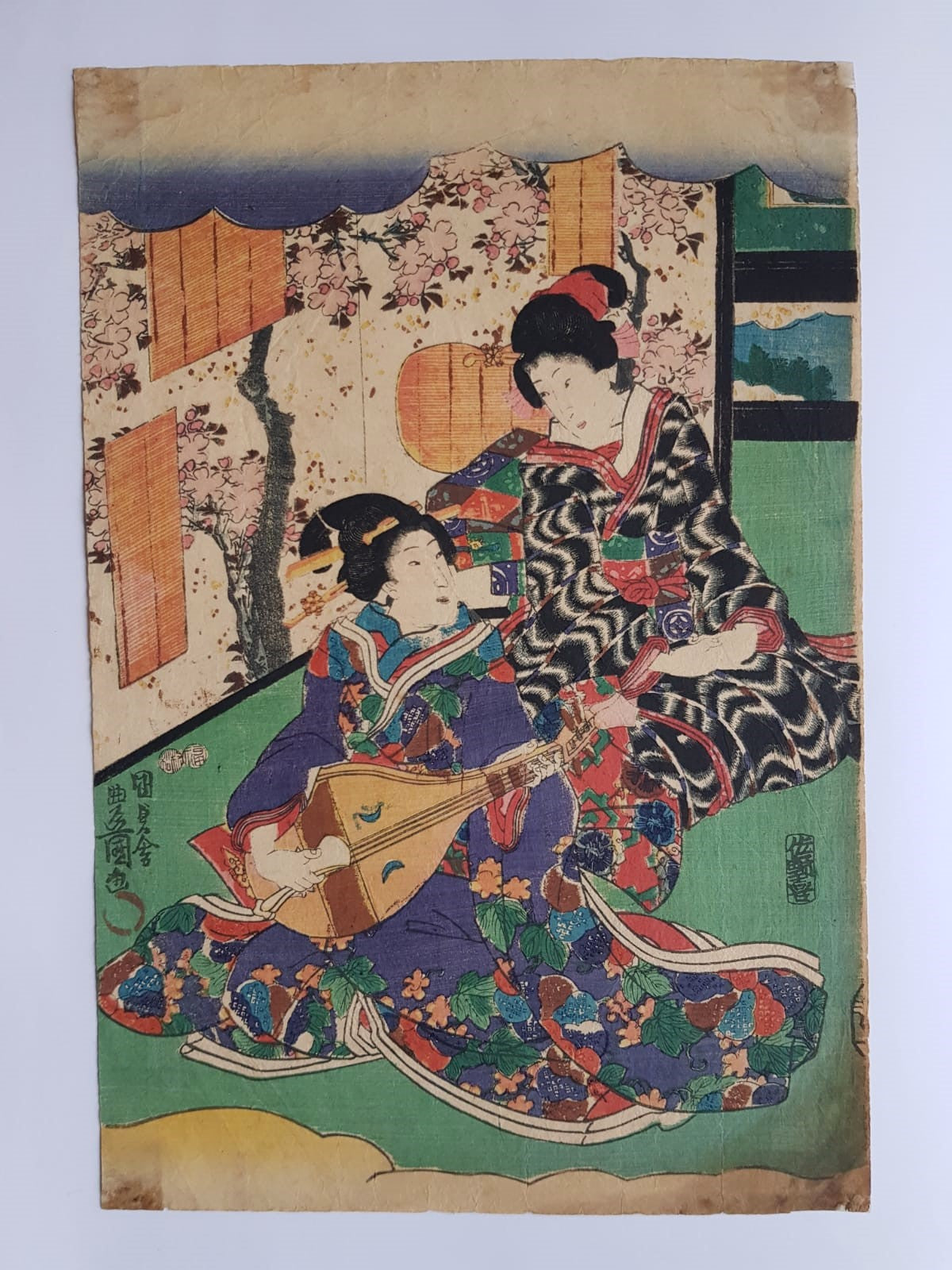 Utagawa Kunisada, Woodblock Print, "Two Seated Geisha, One Playing the Biwa" circa 1850, Edo Period