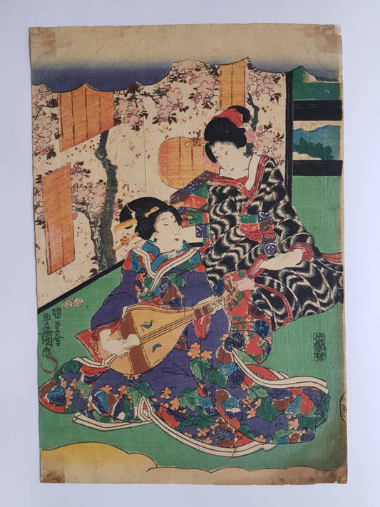 Utagawa Kunisada, Woodblock Print, "Two Seated Geisha, One Playing the Biwa" circa 1850, Edo Period
