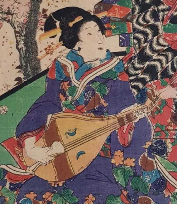 Utagawa Kunisada, Woodblock Print, "Two Seated Geisha, One Playing the Biwa" circa 1850, Edo Period