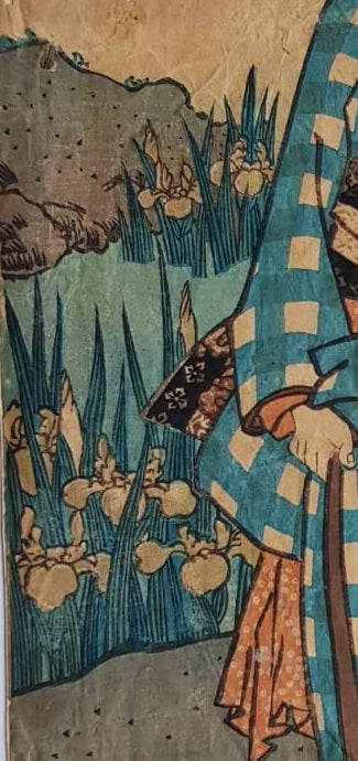 Utagawa Kunisada, Woodblock Print, Ukiyo-e, "Woman in an Iris Garden", circa 1840, Edo Period