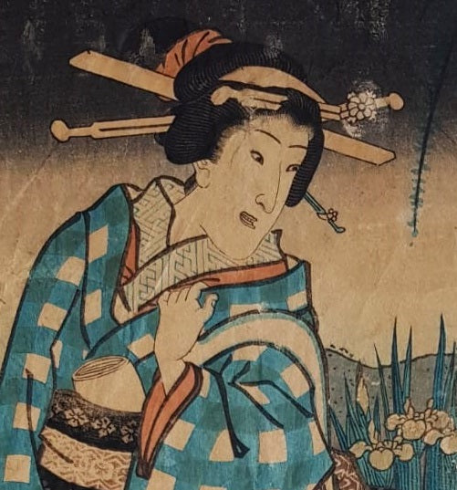 Utagawa Kunisada, Woodblock Print, Ukiyo-e, "Woman in an Iris Garden", circa 1840, Edo Period