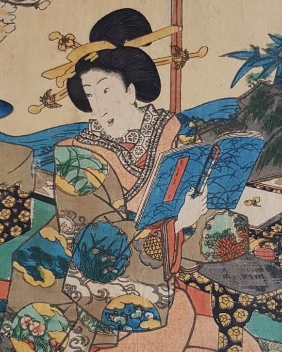 Utagawa Kunisada, Antique Woodblock Print Ukiyo-e, "Reading Woman Beneath Flowering Cherry Blossoms", 1855, Edo Period