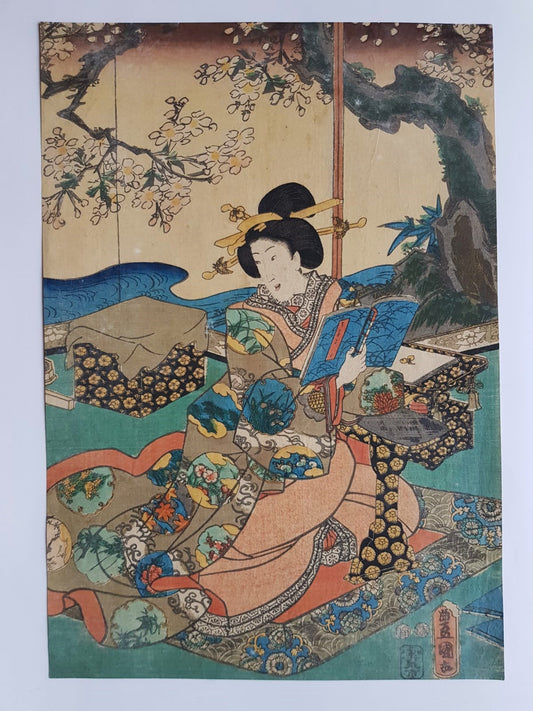 Utagawa Kunisada, Antique Woodblock Print Ukiyo-e, "Reading Woman Beneath Flowering Cherry Blossoms", 1855, Edo Period
