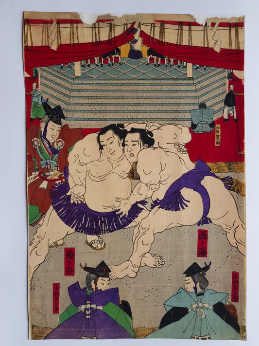 Utagawa Kunitoshi, Woodblock Print, Sumo Wrestling Tournament, 1858, Edo Period