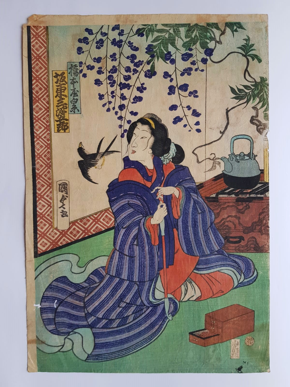 Utagawa Kunisada, Antique Woodblock Print, Ukiyo-e, "Lady in bue kimono", Edo Period