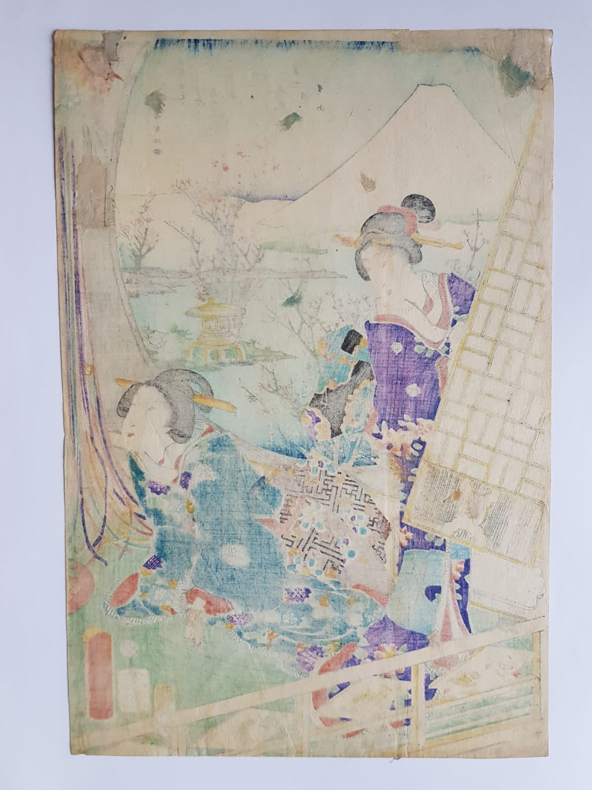 Toyohara Kunichika, Woodblock Print, Ukiyo-e, "Prince Genji Visiting a Villa with a View of Mount Fuji", 1863, Edo Period