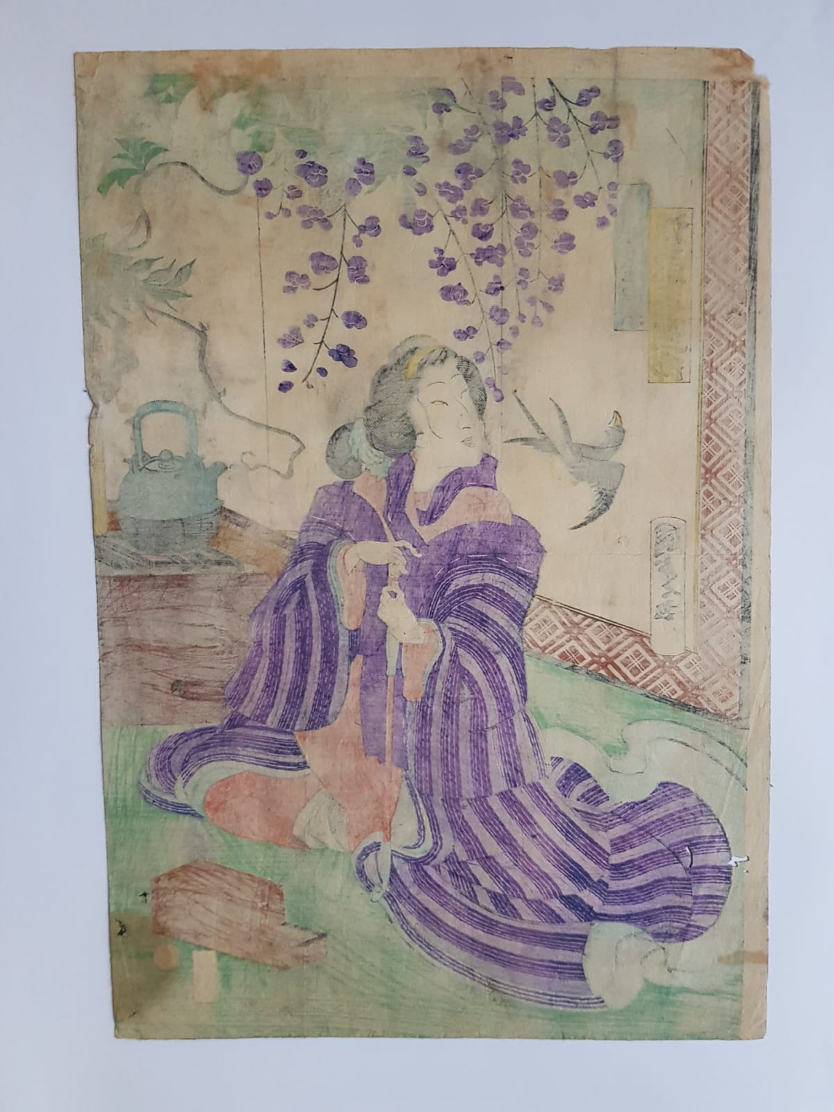 Utagawa Kunisada, Antique Woodblock Print, Ukiyo-e, "Lady in bue kimono", Edo Period