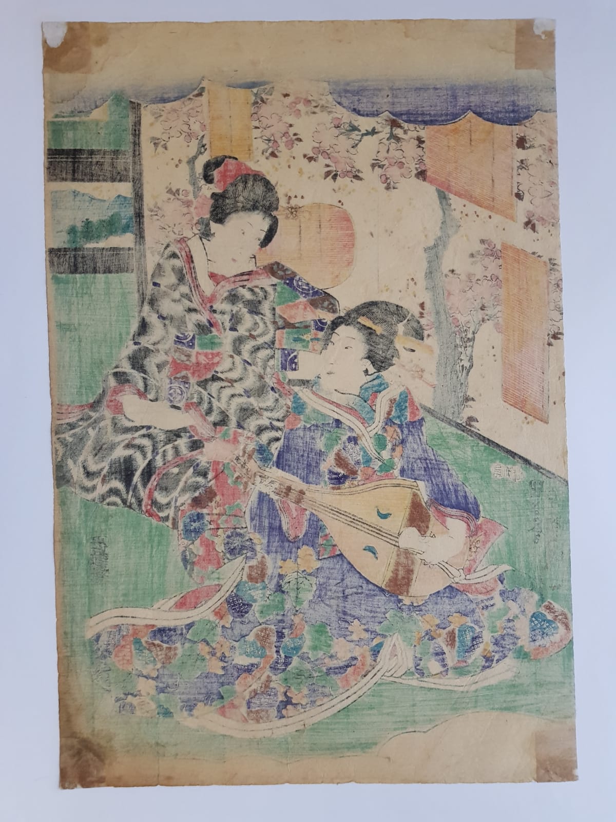 Utagawa Kunisada, Woodblock Print, "Two Seated Geisha, One Playing the Biwa" circa 1850, Edo Period