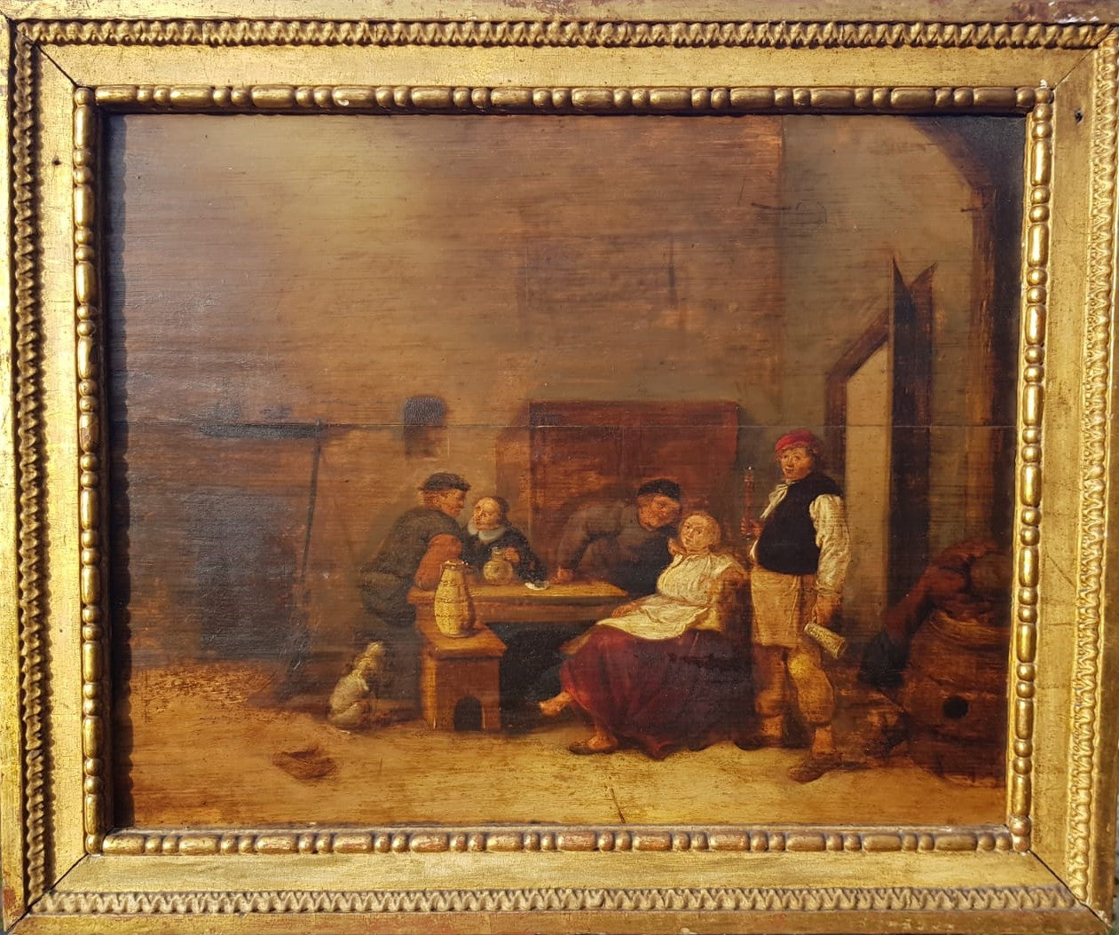 Antique 18th Century "Old Master Style" Dutch/Flemish Tavern Scene, Oil on Wooden (Oak)  Panel