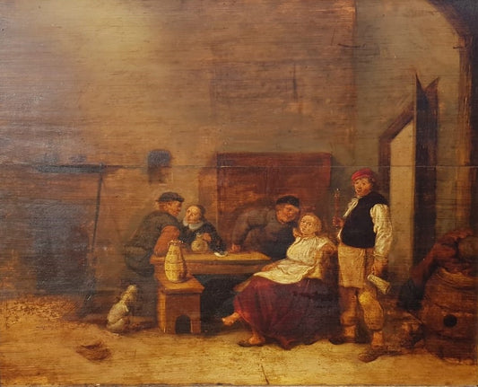 Antique 18th Century "Old Master Style" Dutch/Flemish Tavern Scene, Oil on Wooden (Oak)  Panel