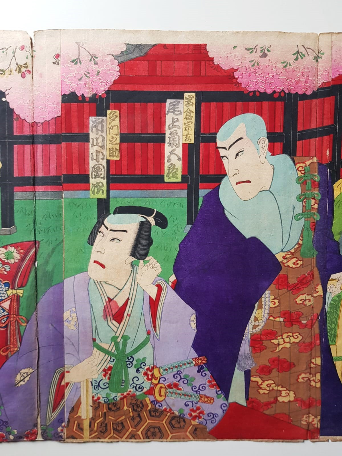Meiji-Era Ukiyo-e Triptych – Toyohara Kunichika, Kabuki Theater Scene with Cherry Blossoms, c. 1880s