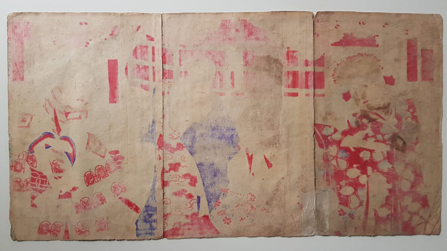 Meiji-Era Ukiyo-e Triptych – Toyohara Kunichika, Kabuki Theater Scene with Cherry Blossoms, c. 1880s